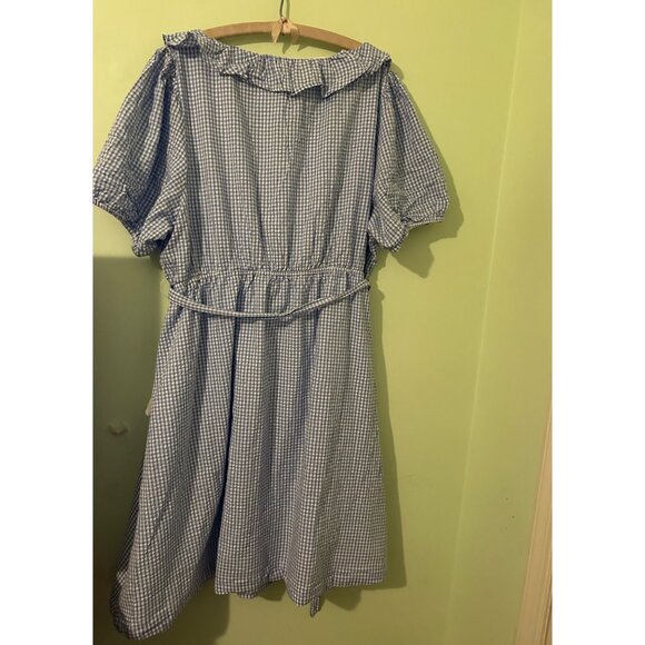 Draper James RSVP 3X Blue Gingham Ruffle V-Neck Belted Fit & Flare Dress Puff Sl - Picture 2 of 14